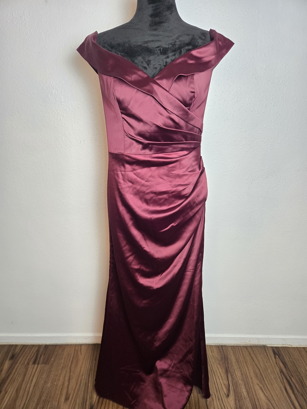 Galina Signature Satin Off-Shoulder Maxi Dress in Burgundy Wine Red 10